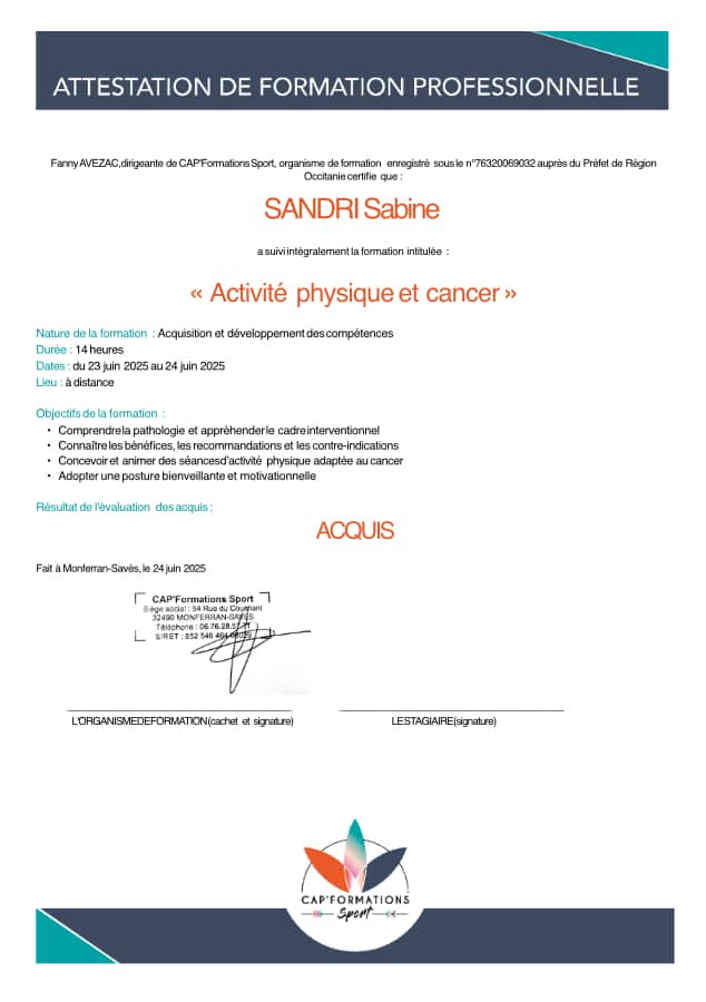 certification diplome activite physique cancer 2025 cap formations sport