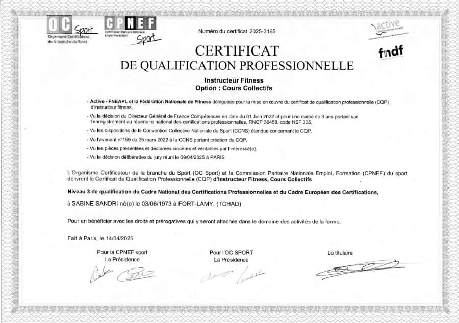 certification diplome fitness cours collectifs 2025 active fneapl