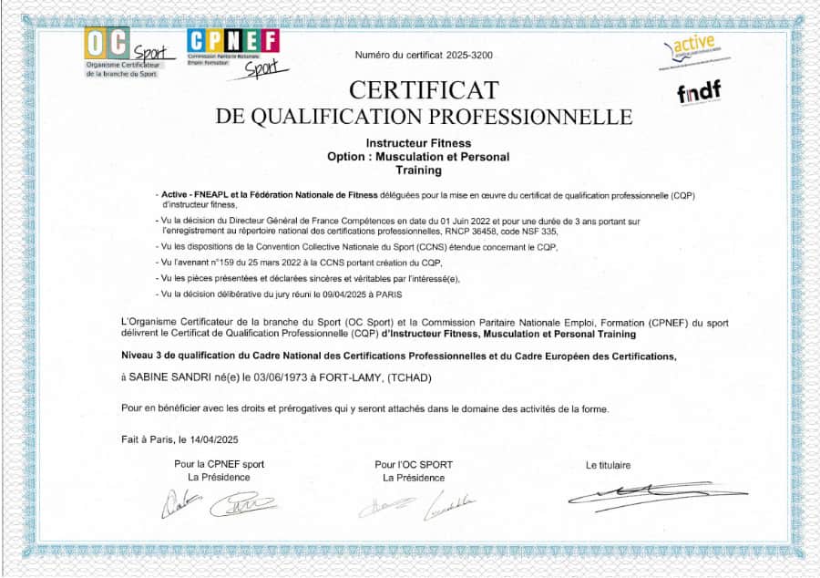 certification diplome fitness musculation personal training 2025 active fneapl