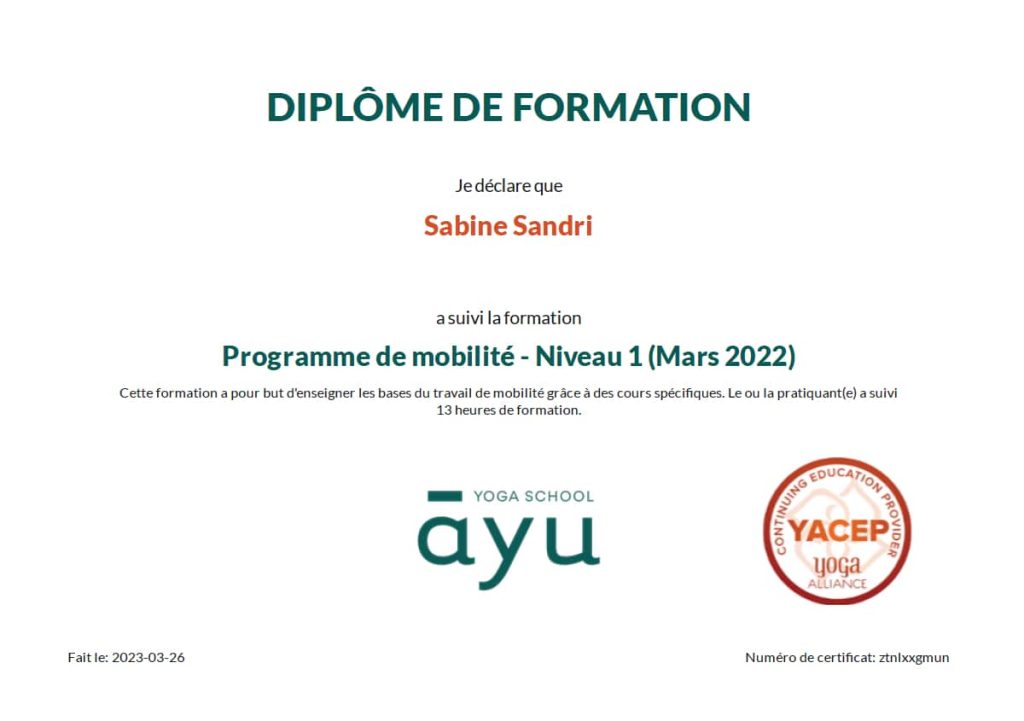 certification diplome mobilite niveau1 2022 ayu yoga school
