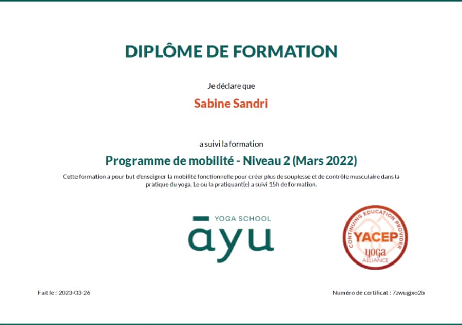 certification diplome mobilite niveau2 2022 ayu yoga school
