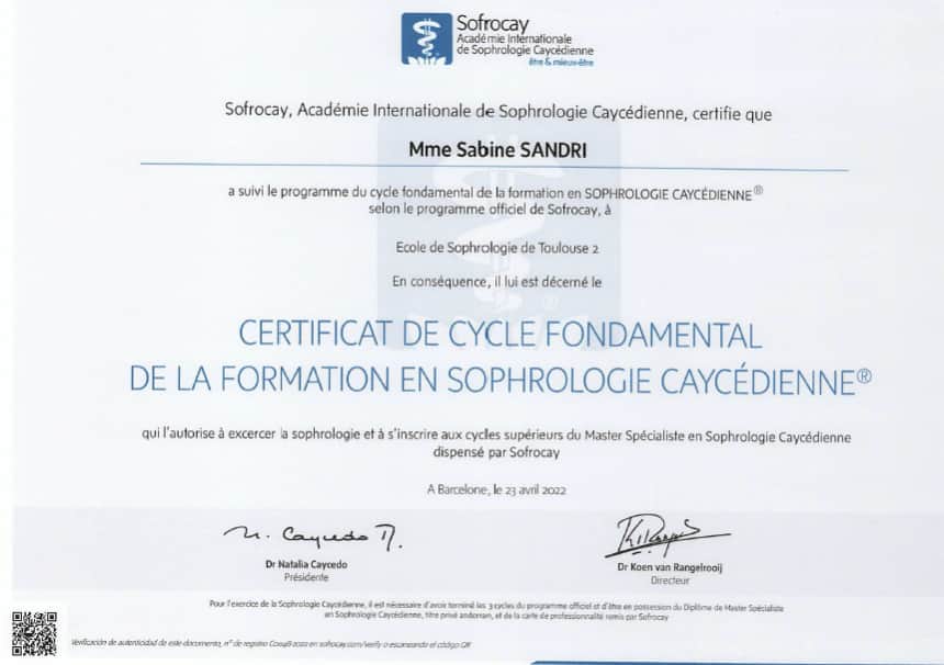 certification diplome sophrologie caycedienne 2022 sofrocay