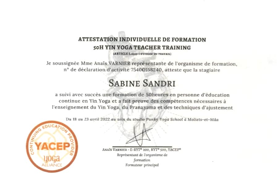 certification diplome yin yoga 2022 yacep yoga alliance