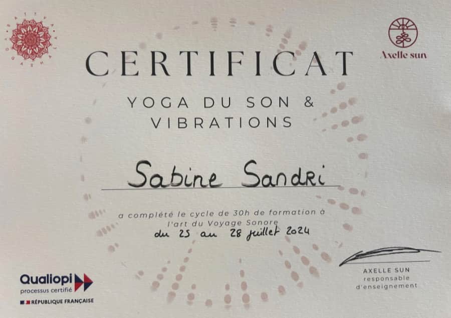 certification diplome yoga son vibrations 2024 axelle sun